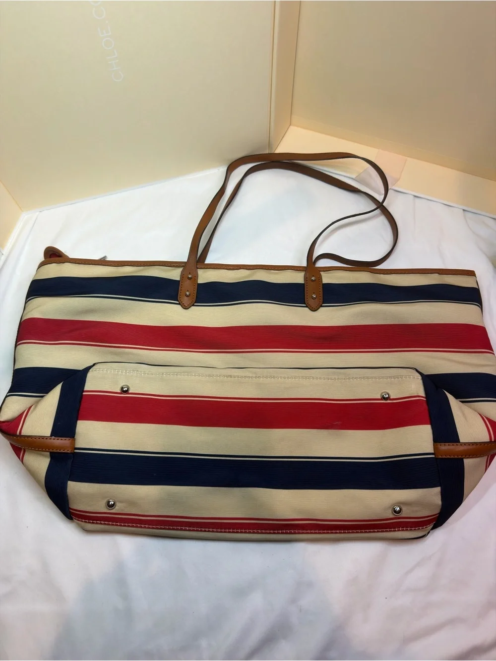 Lauren Ralph Lauren Red, Navy & Cream Striped Canvas Tote